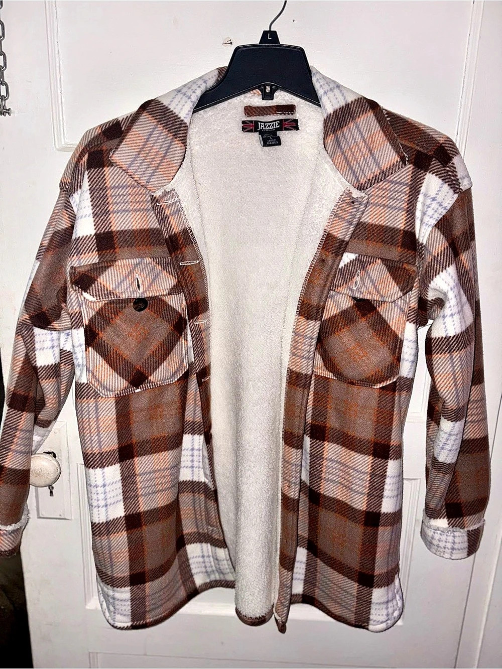 JAZZIE Plaid Sherpa Jacket in Brown & White Large Like New